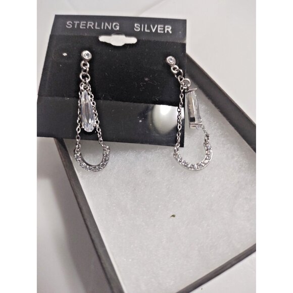 Sterling Silver 925 & Cubic Zirconia Stud Dangle Earrings New in Box - Picture 3 of 8